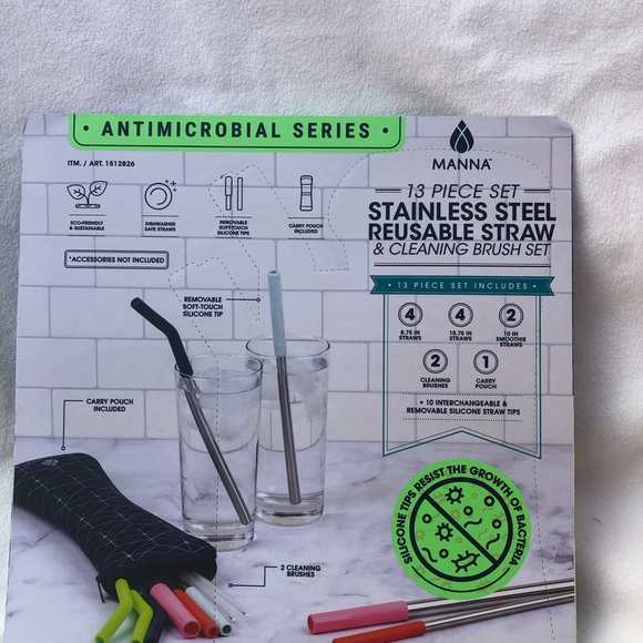NWT Manna Stainless Steel Reusable Straws 13pc Set - Picture 10 of 14